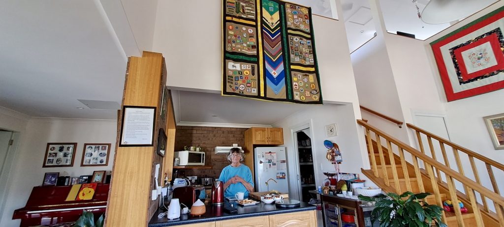 Margaret’s re-created Scout blanket hanging above her kitchen